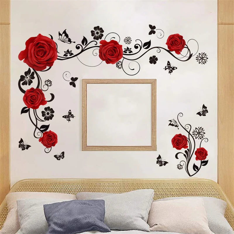 Red Flowers Vine Butterfly Wall Stickers for Living Room TV Background Bedroom Decorative Wall Decals Self-adhesive Vinyl Mural