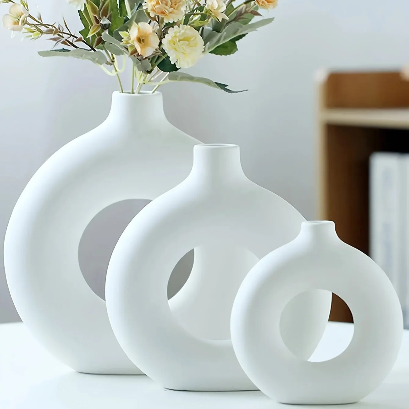 White/Beige Ceramic Circle Vase for Modern Home Decor