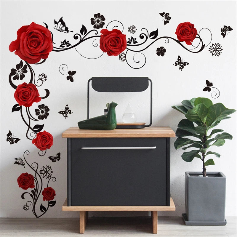 Red Flowers Vine Butterfly Wall Stickers for Living Room TV Background Bedroom Decorative Wall Decals Self-adhesive Vinyl Mural