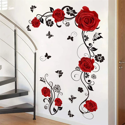 Red Flowers Vine Butterfly Wall Stickers for Living Room TV Background Bedroom Decorative Wall Decals Self-adhesive Vinyl Mural