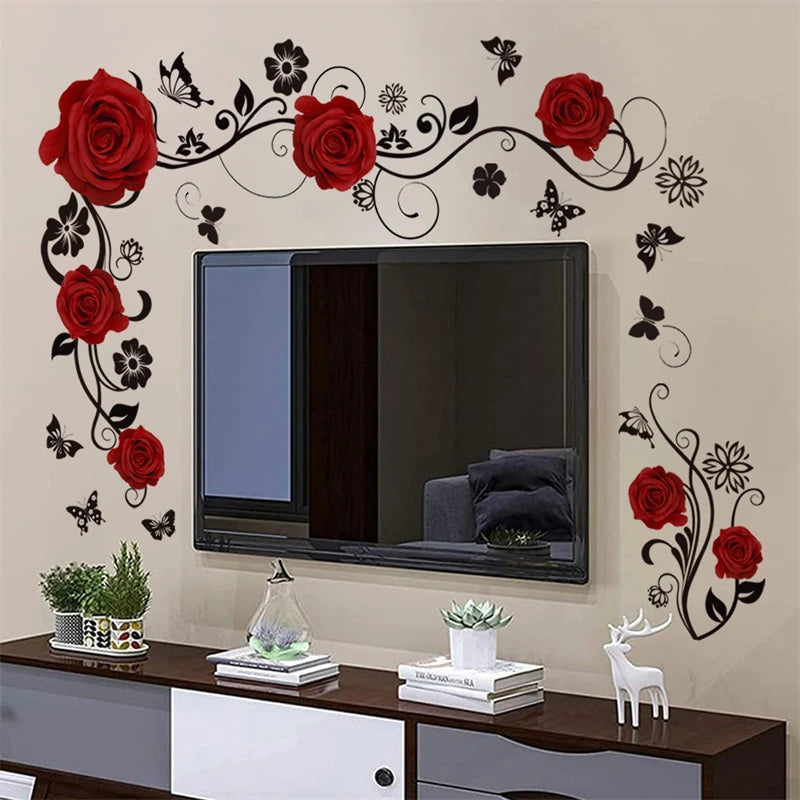 Red Flowers Vine Butterfly Wall Stickers for Living Room TV Background Bedroom Decorative Wall Decals Self-adhesive Vinyl Mural