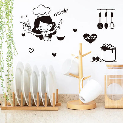 Happy Girl Chef Loves Cooking Wall Sticker Restaurant Bar Kitchen Dining Room Fridge Light Switch Decal DIY Art Home Decor