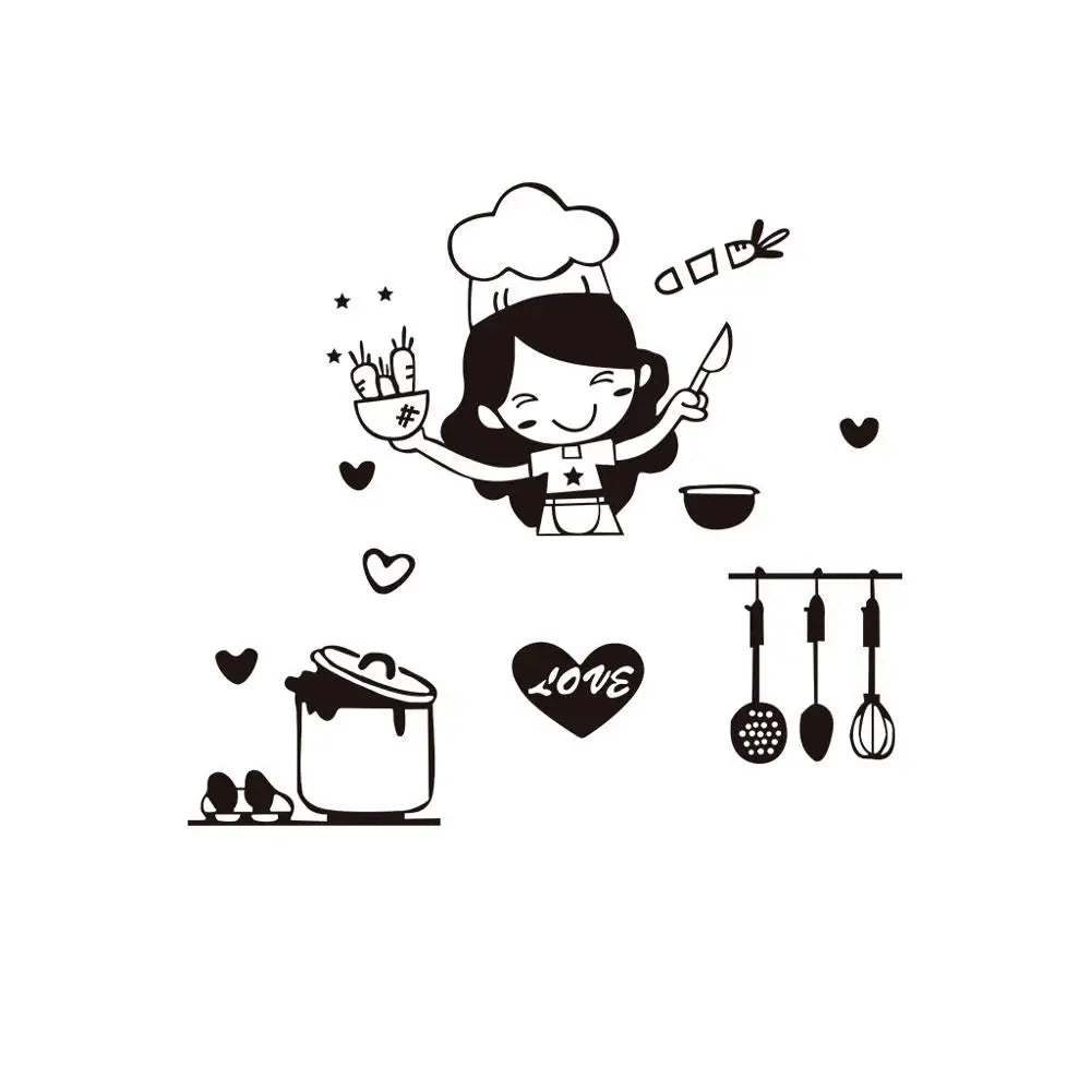 Happy Girl Chef Loves Cooking Wall Sticker Restaurant Bar Kitchen Dining Room Fridge Light Switch Decal DIY Art Home Decor