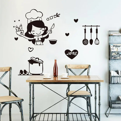 Happy Girl Chef Loves Cooking Wall Sticker Restaurant Bar Kitchen Dining Room Fridge Light Switch Decal DIY Art Home Decor