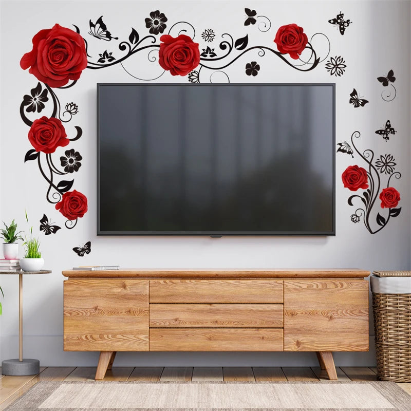 Red Flowers Vine Butterfly Wall Stickers for Living Room TV Background Bedroom Decorative Wall Decals Self-adhesive Vinyl Mural